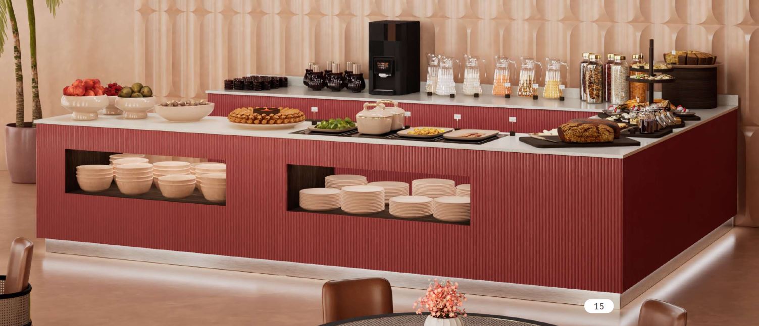 Buffet stol švedski stol na mjeru s osvijetlenom nišom ispod za tanjure za hotel ROCLUN1